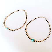 Pastel Blue Evil Eye Black Golden Beaded Anklet Set